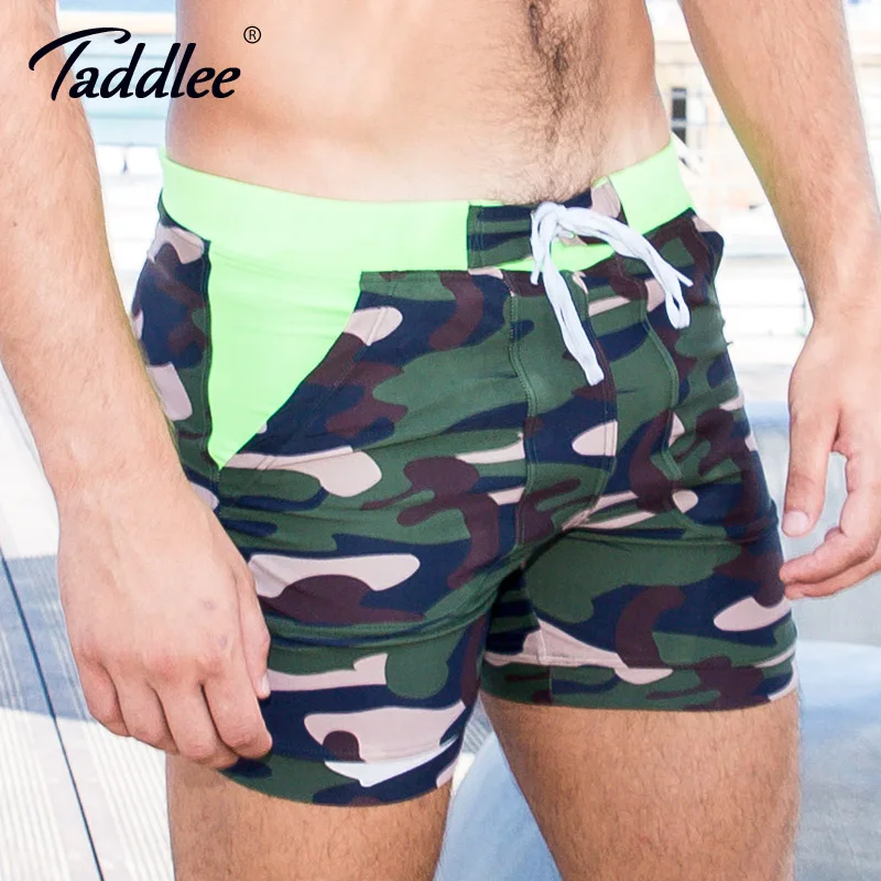 Бренд Taddlee, сексуальный мужской купальник, шорты, для геев, размера плюс, длинные, базовый, камуфляж, боксеры, шорты с карманами