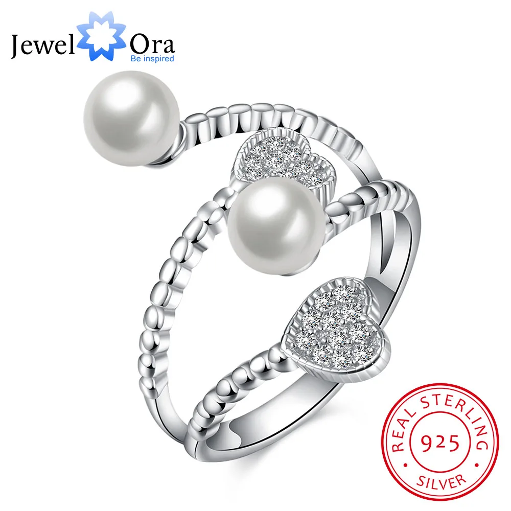 

Adjustable Simulated Pearl Ring Heart Cubic Zirconia Stone 925 Sterling Silver Jewelry Women Rings For Party (JewelOra RI102208)