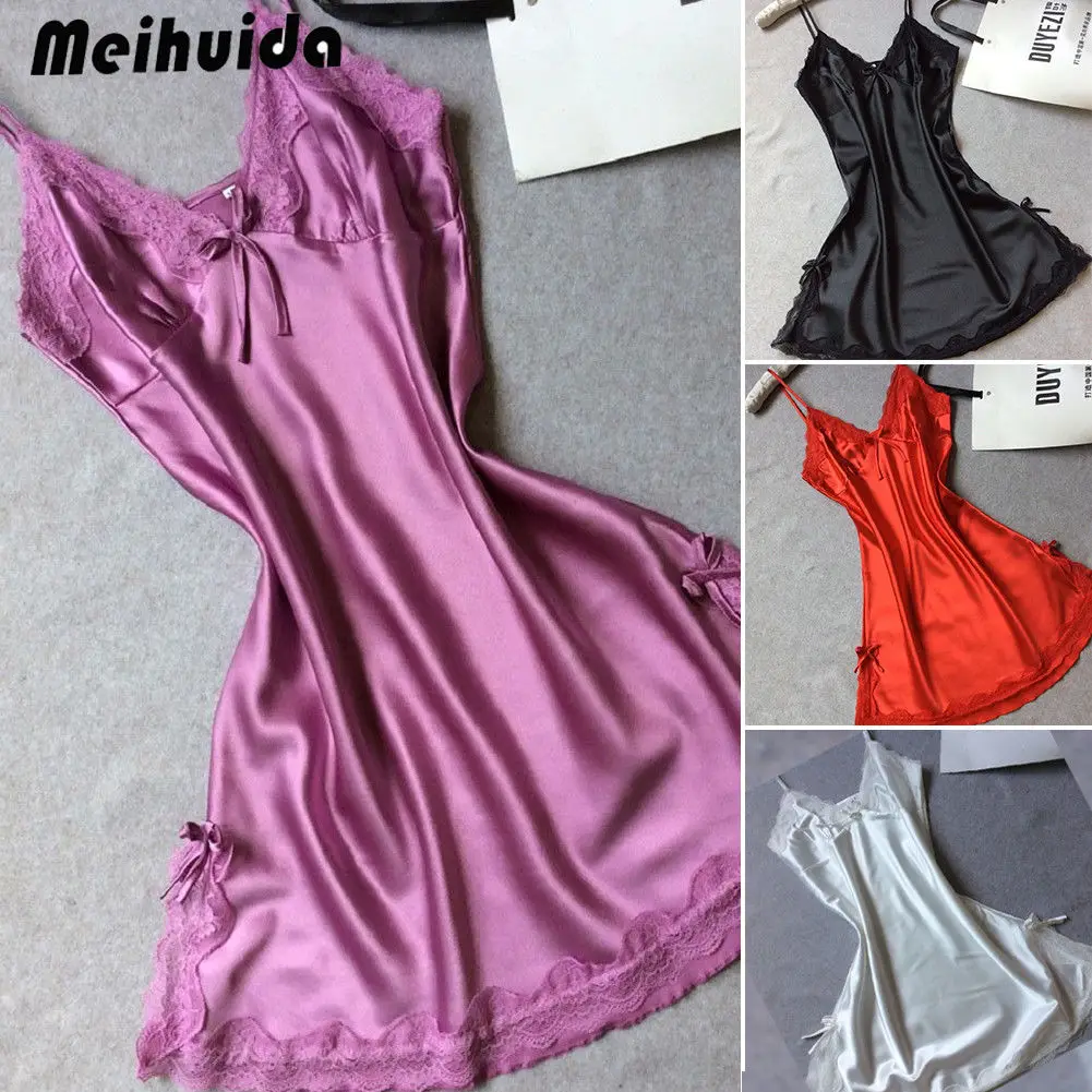 

Women Sexy Lingerie Sleepwear Satin Silk Lace Robes Summer sleeveless Ladies Sleep Dress