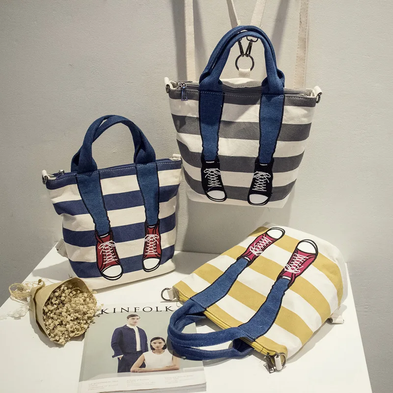 

Multi-function Canvas Bag Japan and South Korea Female Package Legs Cute Striped Hand Lading Shoulder Slope Backpack