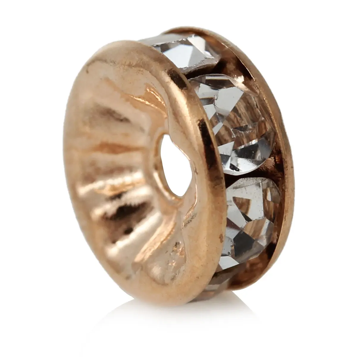 

DoreenBeads Copper Rondelle Spacer Beads Round rose gold color Clear Rhinestone About 8mm( 3/8") Dia,Hole:Approx 1.8mm,50 PCs