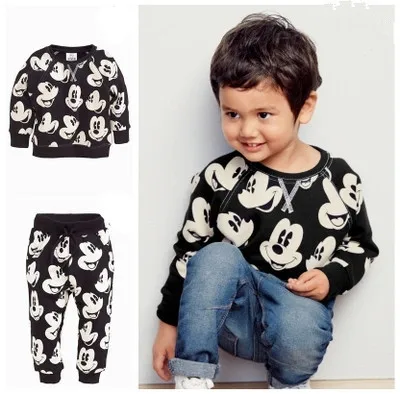 

2016 Autumn new boys casual cartoon mickey sweater +terry trousers suit fashion kids outwear spring childrens clothes 16O101