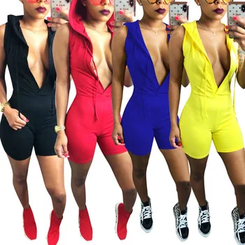 

2018 Summer Sexy V-neck Hoodies Playsuits Women Sleeveless Short Jumpsuits and Rompers Streetwear Bodysuit Macacao Feminino