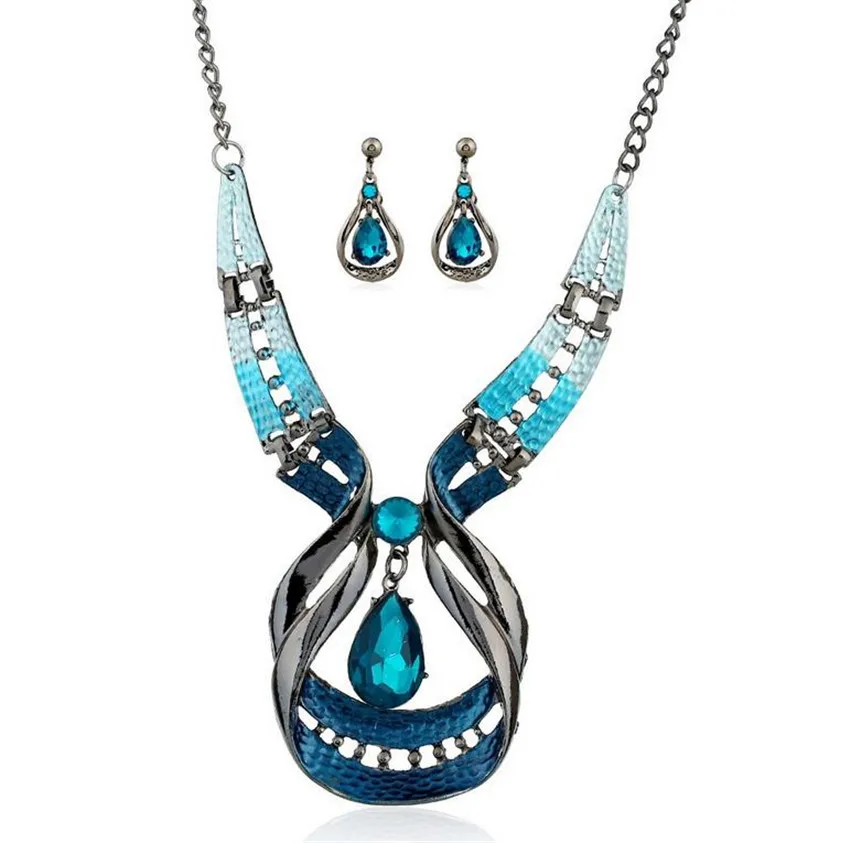 

Blue Jewelry Sets Purple Enamel Jewelry statement Necklace And Waterdrop Earring Set Crystal Jewelry Set Fashion