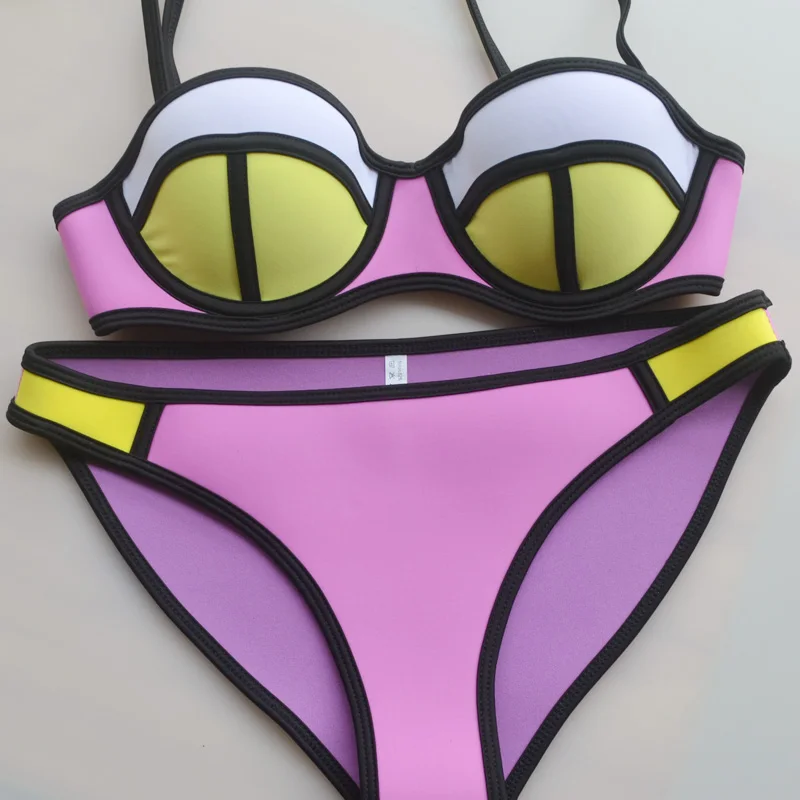 

100% Neoprene HIGH QUALITY Removable push-up padding Shoulder belt patchwork Women bikini Neoprene Triangle Bikini set Bathsuit