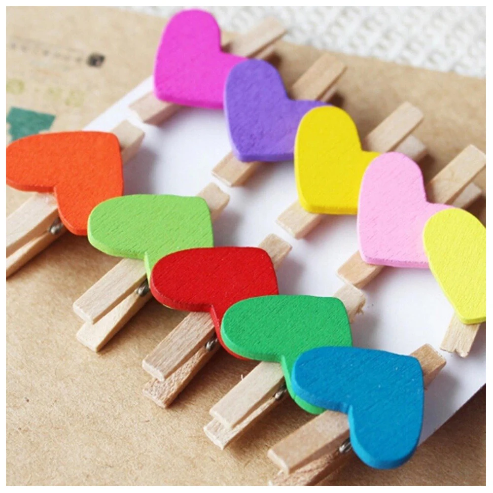 

Mini Sweet Love Heart Shape Wooden Clips Message Photo Holder Card Paper Pegs Decor Photography Random Color(20 Pcs)