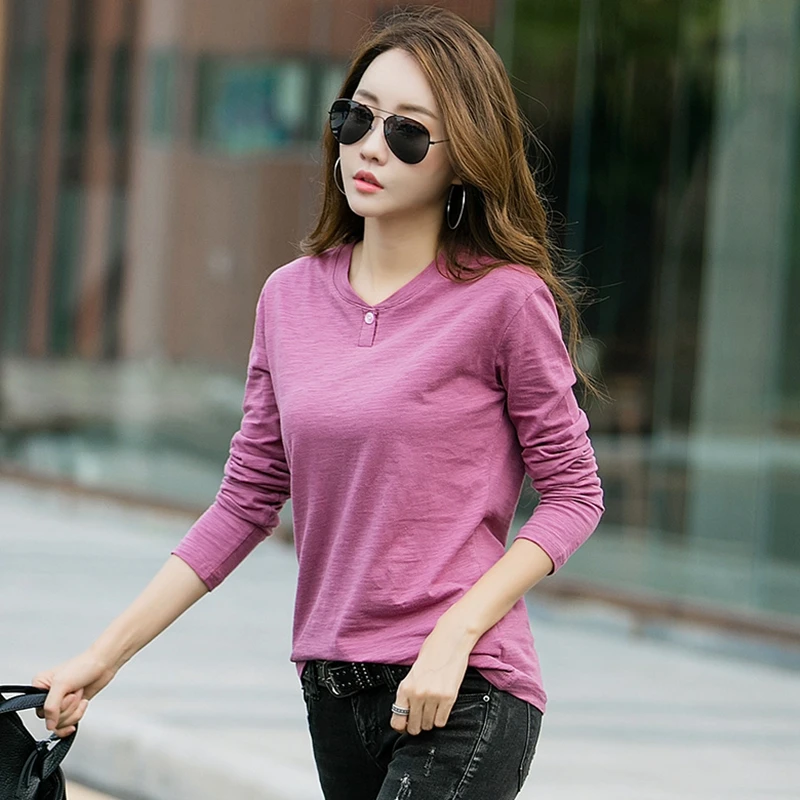 

GIGOGOU Long Sleeve Women T Shirt 2019 Spring Autumn 95% Cotton Tshirt with Button Korea Casual Style Ladies T-shirt