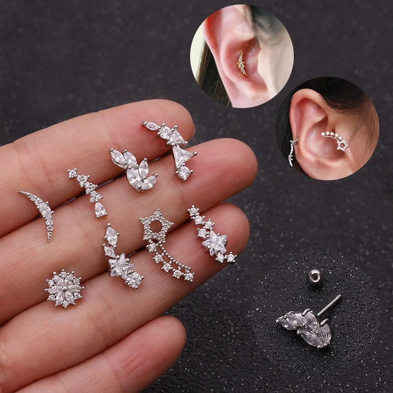 

Star Moon Flower Crown Cz Ear Studs Helix Piercing Cartilage Earring Conch Rook Tragus Stud Ear Piercing Jewelry
