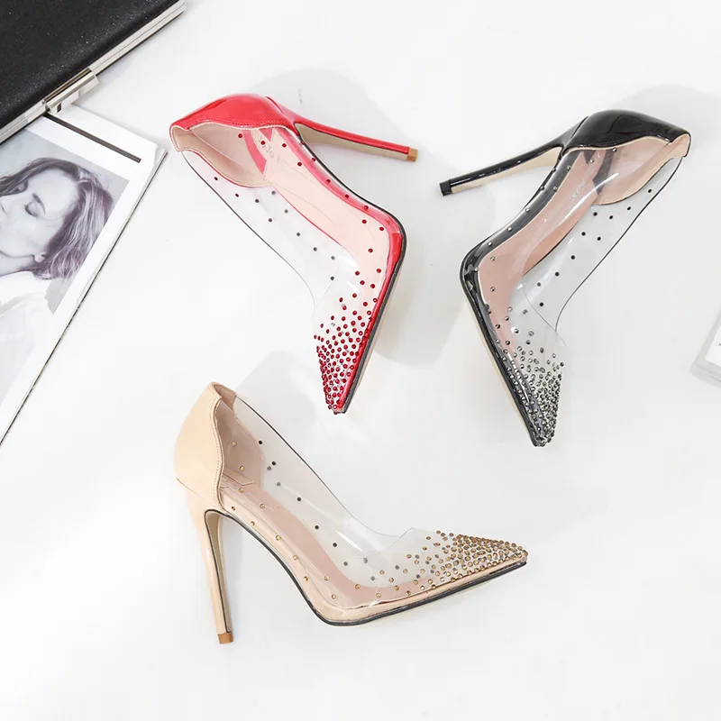 Koovan Women's Pumps High Heel Summer Shoes 2019 Transparent Rhinestone Pointed Shallow Single Shoe Coloring Women's Shoes