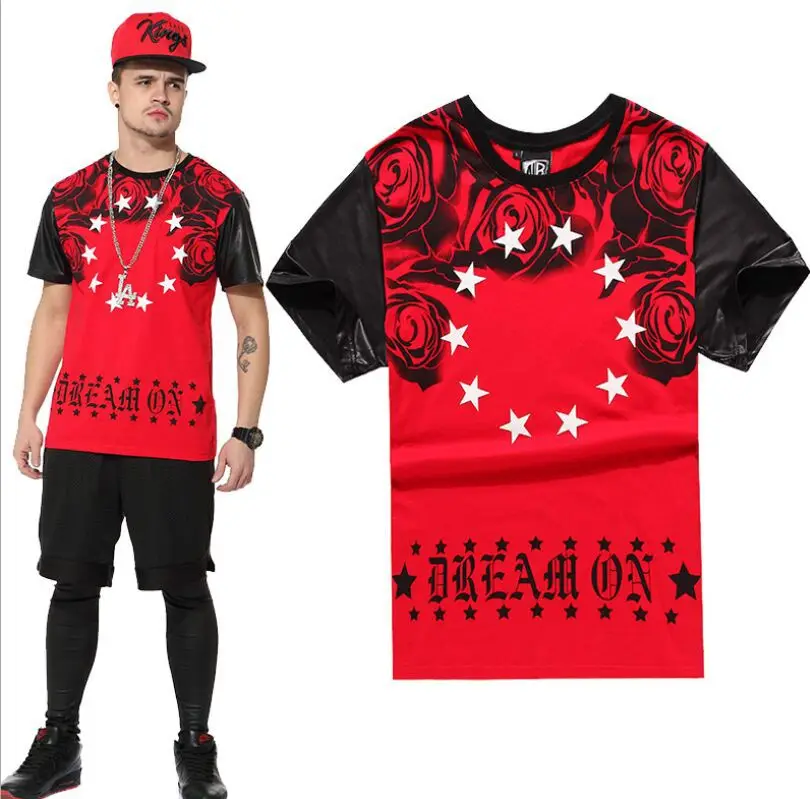 2015 t shirt men hip hop leather sleeve rose pattern mens t shirts swag