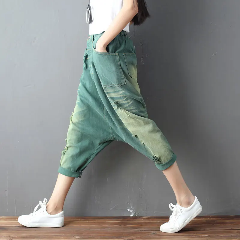 Новые женские мешковатые джинсы в стиле хип-хоп, джинсы с заниженным шаговым швом, вымытые до икры, брюки в стиле бохо, джинсы в японском стиле G050504