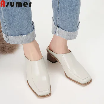 

ASUMER fashion new shoes woman square toe shallow pumps women slingback genuine leather shoes classic high heels shoes women