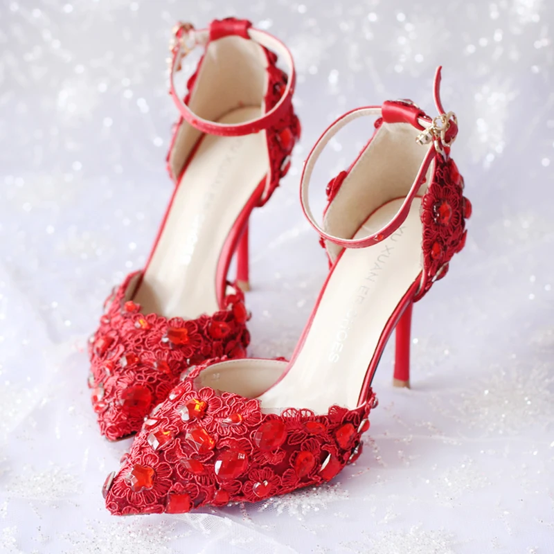 9cm High Heels Wedding Shoes Women Pumps Red Crystal Lace Stiletto Buckle Strap Bridal Shoes Pointed Toe Party Ladies Shoes 9cm High Heels Wedding Shoes Women Pumps Red Crystal Lace Stiletto Buckle Strap Bridal Shoes Pointed Toe Party Ladies Shoes