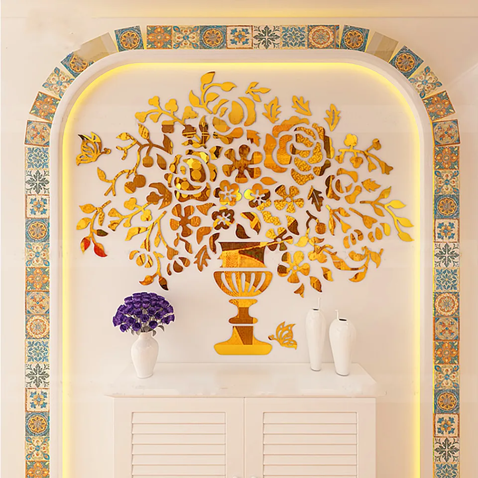 3d Acrylic Mirror Wall Painting Living Room Dining Room Wall Creative Decoration Self Adhesive European Vase Wall Stickers Aliexpress