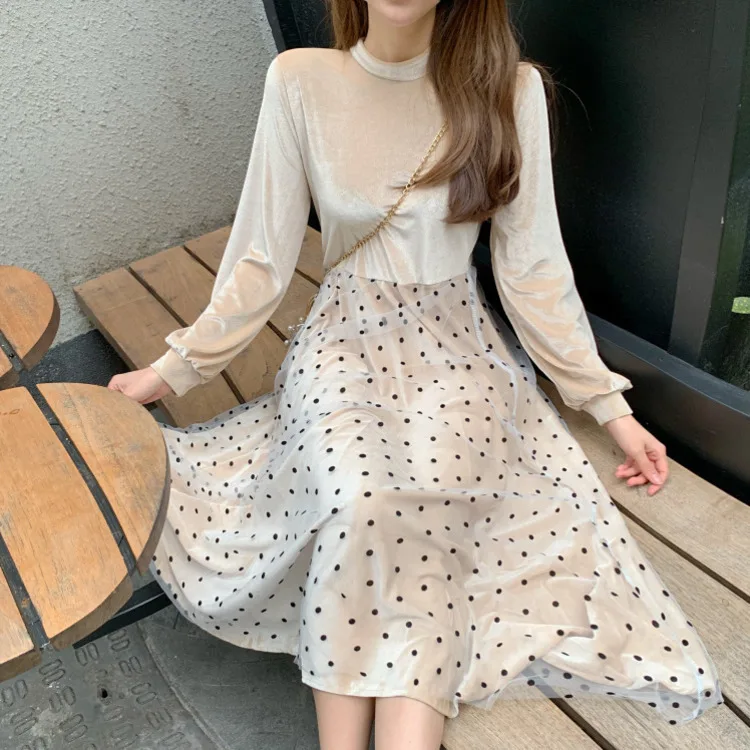 

LANMREM 2019 Spring Retro Pleuche Patchwork Dot Mesh Hemline Dress For Women New Korean Style Fashion Casual Women's Dress QF265