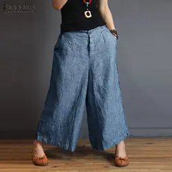 Плюс размеры 2019 ZANZEA для женщин Повседневное широкие брюки для девочек с высокой талией с карманами свободные полосатые брюки синий деним