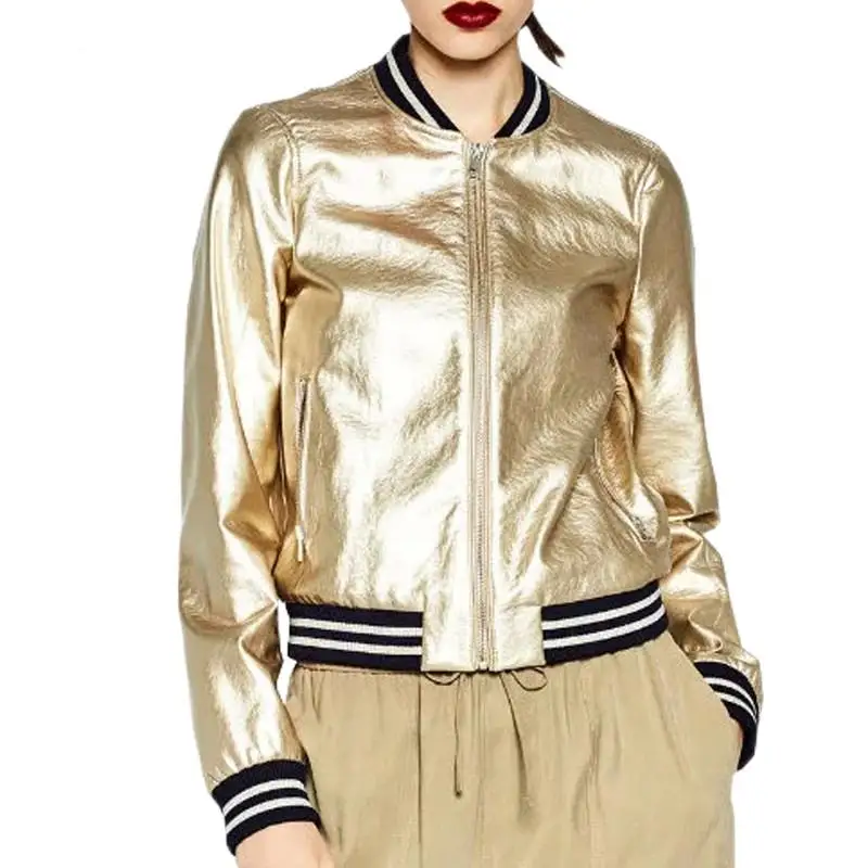 

2018 New Stylish Metal Textured Women Baseball Tops Golden Silver Bright PU Faux Leather Bomber Jacket Windbreaker Outerwear