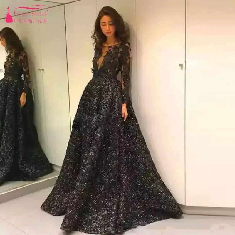 

TANYA 2019 Sexy Black Sheer Long Sleeves Lace Prom Dresses 3D Floral A Line Backless Floor Length Evening Evening Dresses JQ225