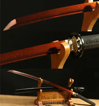 

41"HANDMADE JAPANESE SWORD SAMURAI KATANA FULL TANG DAMASCUS FOLDED STEEL RED