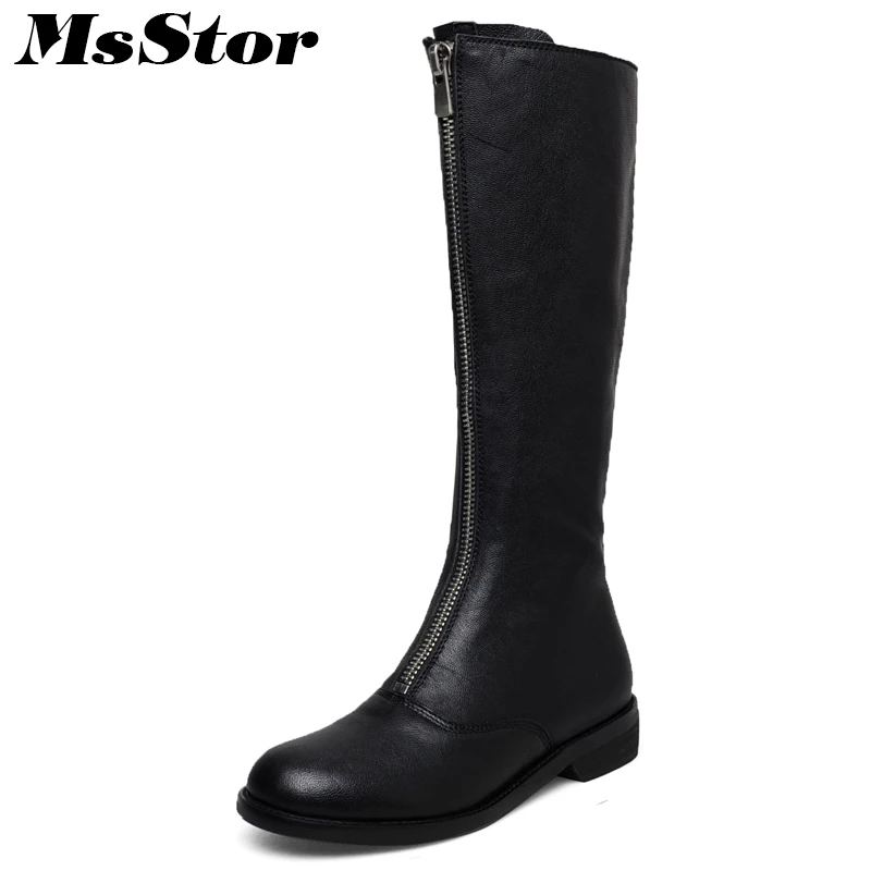 

MsStor Women Boots Round Toe Low Heel Knee High Boots Women Shoes Fashion Zipper Square heel Black White Boot Shoes For Girl