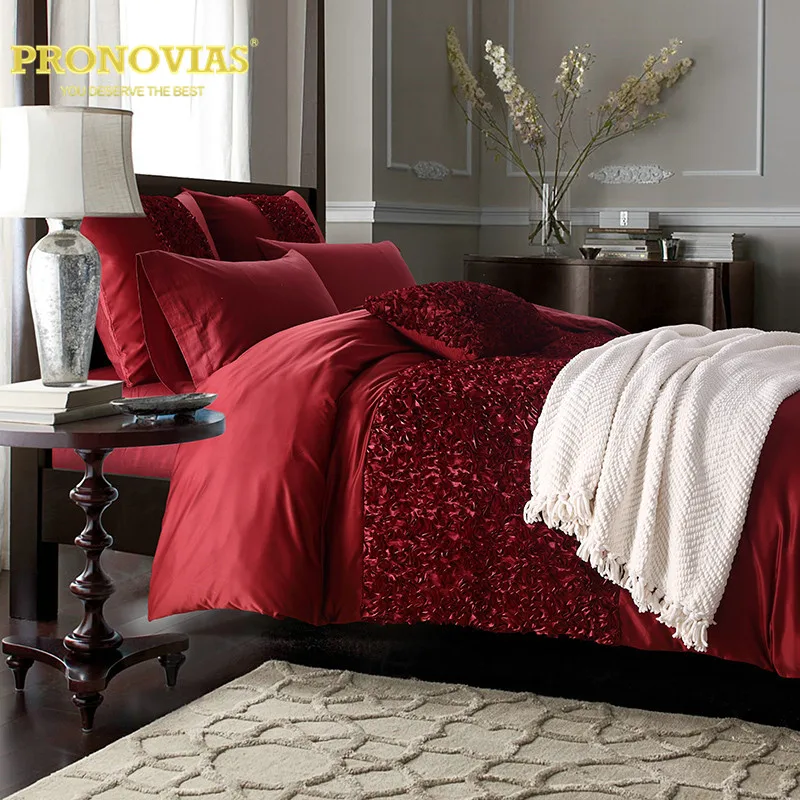 

Night Tender wedding flower applique washed silk bedding set duvet cover bed skirt shams 6pcs king queen size,burgundy