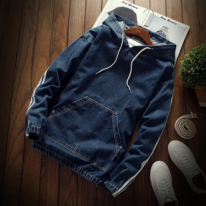 Fashion Harajuku Denim Hoodies Men Big Pocket Soft Cloth Denim Blue