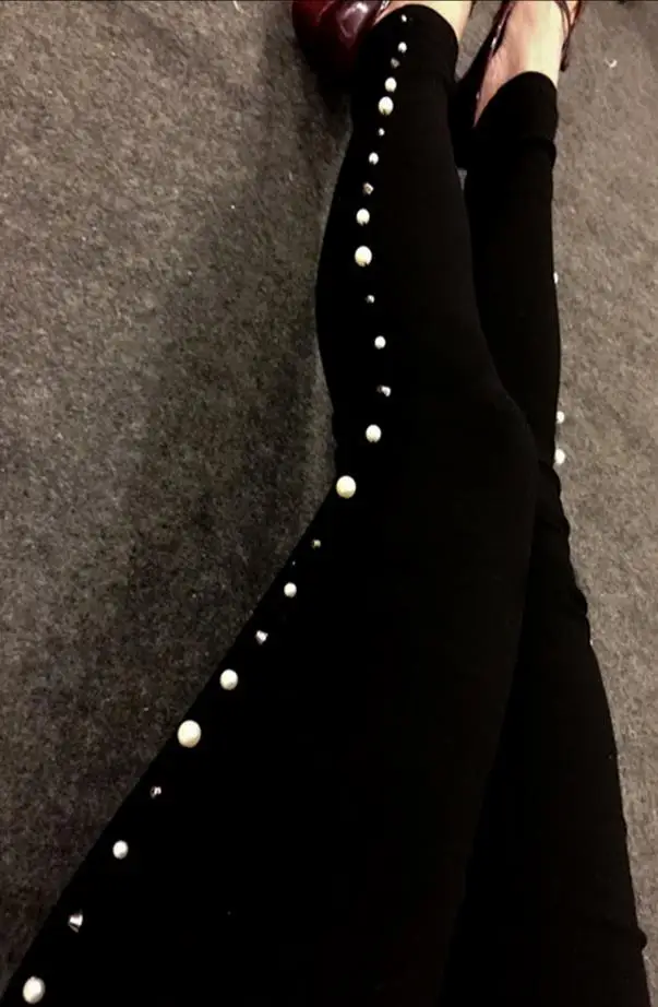 Женские леггинсы брюки со стразами хлопок стрейч заклепки брюки с бисером