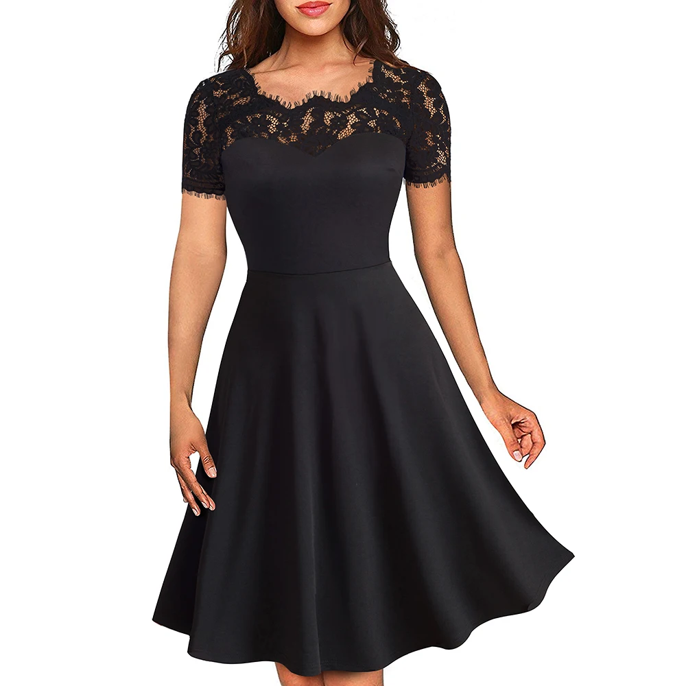 

Female Vintage Floral Lace Solid Color Casual Business Office Dress Elegant O-Neck Summer Swing Skater Dress EA119