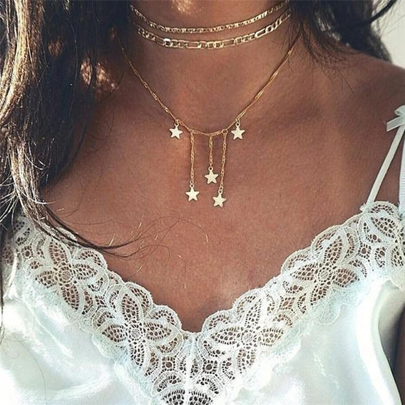 

New Boho Jewelry Multi Layer Beads Choker Necklaces for Women Sexy Star Fashion Pendant Vintage Collier choker Necklace