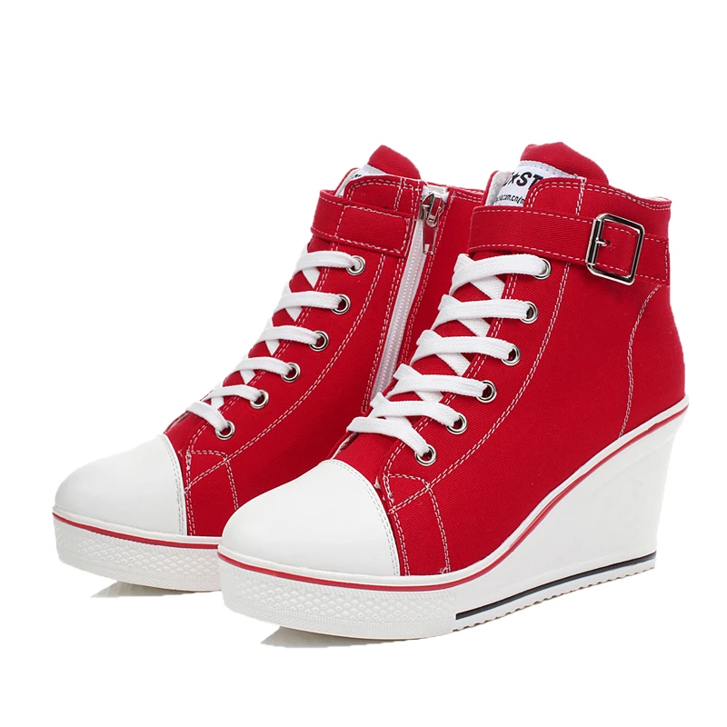 Women wedge heel Side zippcanvas Shoes Woman RED Black Casual Trainers ...