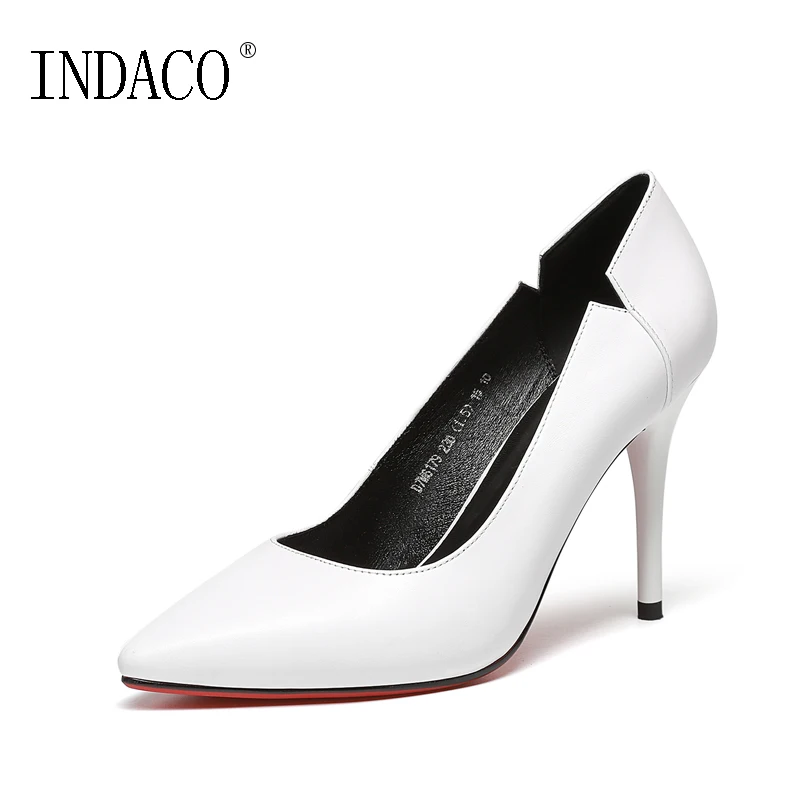 

2019 Spring Fashion High Heel Pumps Genuine Leather OL Office Working Footwear White Black Shoes 9.5CM