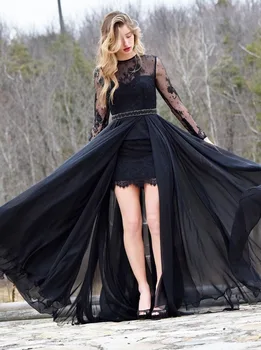 

Arabic Black Evening Dress Long Sleeves Lace Prom Dresses Hi Low Asymmetrical Formal Evening Gowns Fitted Women Graduation Dress