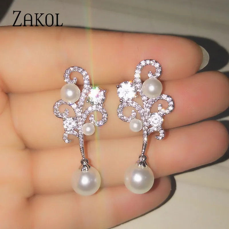 

ZAKOL Sweet Korean Style Elegant Cubic Zirconia Imitation Pearl Drop Earrings for Women Wedding Rhodium Color FSEP2107