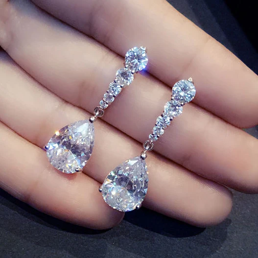 

Fashion Female Crystal Water Drop Earrings 925 Sterling Silver White Stone Earrings Boho Wedding Jewelry Long Dangle Earrings