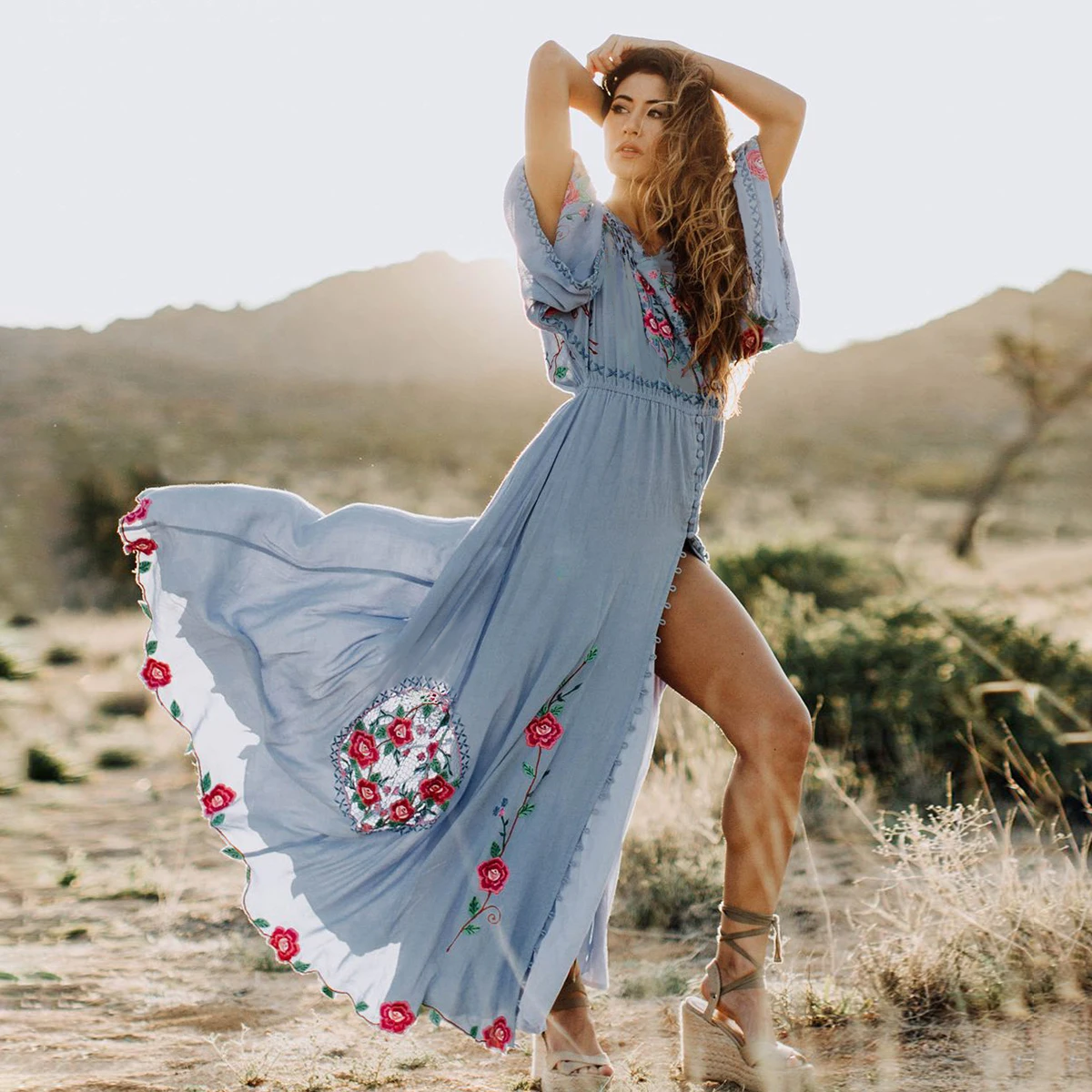 

Reversible Wear Boho Maxi Dress Women 2019 Summer 3/4 Sleeve Loose Floral Dress Ladies Black White Embroidery Beach Long Dress
