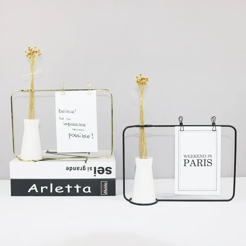 

Nordic Modern Small Ceramic Vase Gold Photo Frame Postcard Clip Iron Metal Flower Stand Creative Plant Vase Home Decor Ornaments