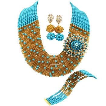 

Pretty Aqua Blue Champagne Gold Crystal African Wedding Beads Nigerian Beaded Necklace Jewelry Set 10C-SZ50