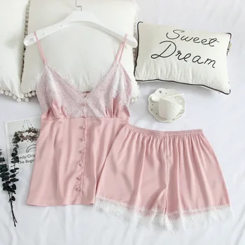 

Pink Satin Women 2PCS Shirt&shorts Sleepwear Sexy Intimate Lingerie Nightgown Home Clothes Lace Button Pajamas Set Sleep Suit