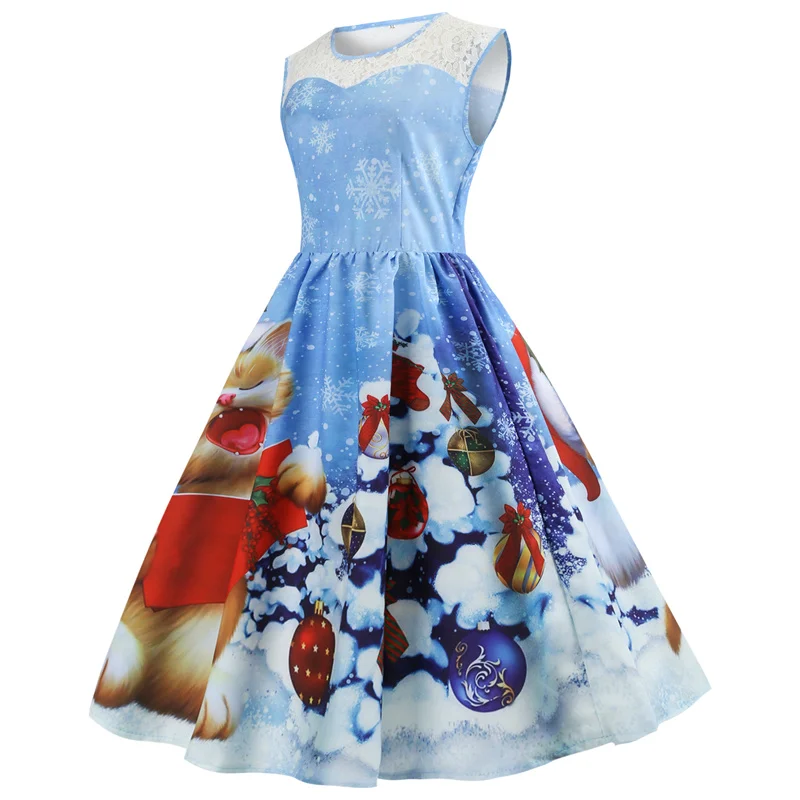 Kostlich Autumn Hepburn Sleeveless Vintage Dress Big Women Swing Christmas Dress O Neck Print Pathchwork Dresses Plus Size S-3XL (3)