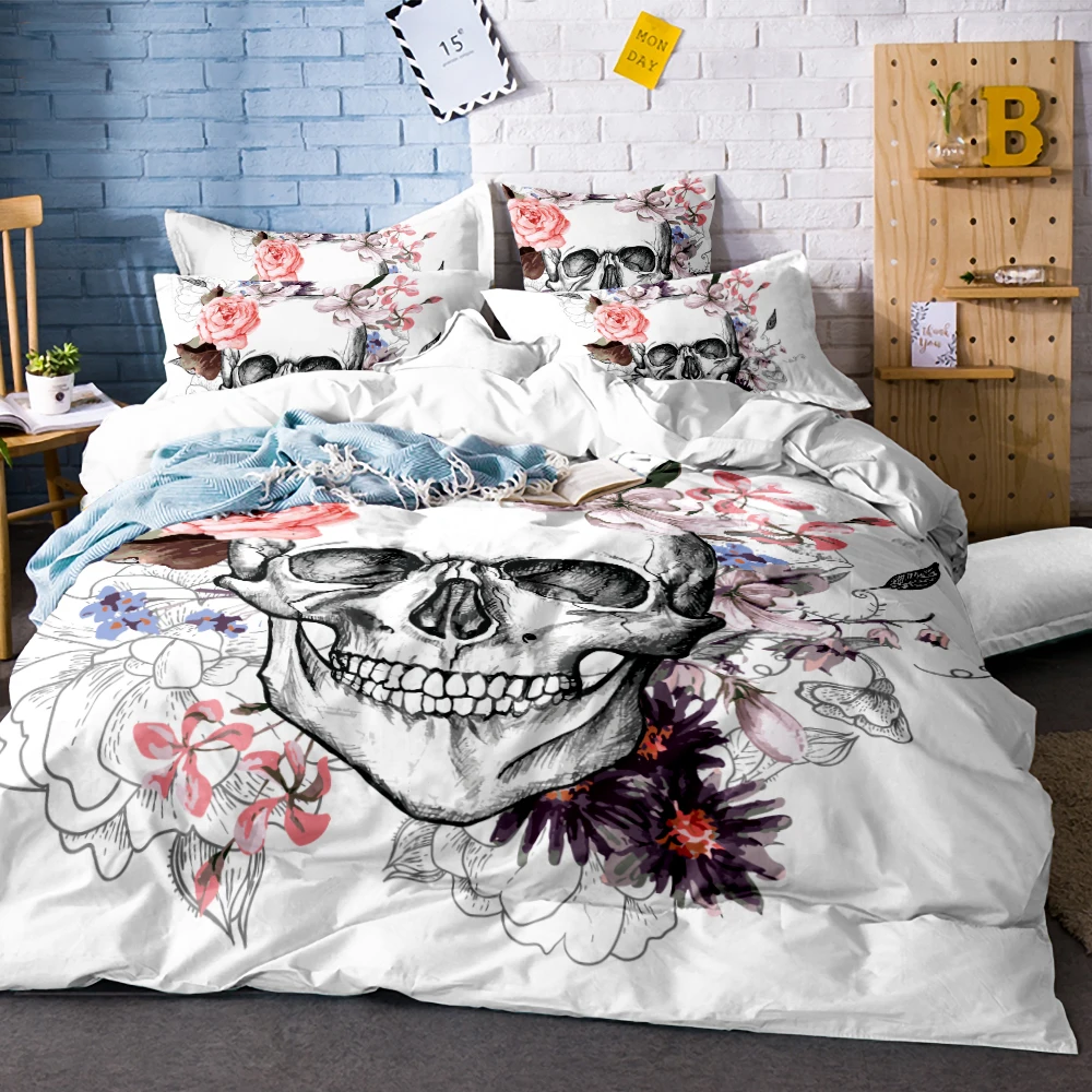 White Skull Bedding Set Halloween Style Bed Sheet Queen King