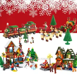 Один Рождество лося поезд сани дерево Магазин почтовое отделение дом рисунок набор Building Block Кирпичи Модель игрушки для детей