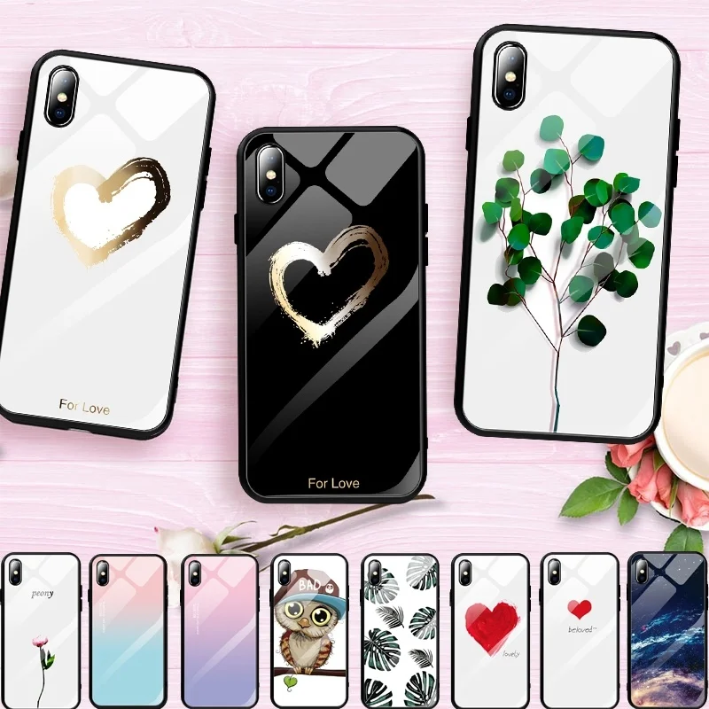 Funda de vidrio templado con patrón para iPhone XR XS MAX X 7 8 Plus funda suave con bonito Corazón de amor para iPhone 6 6 S Plus Capa