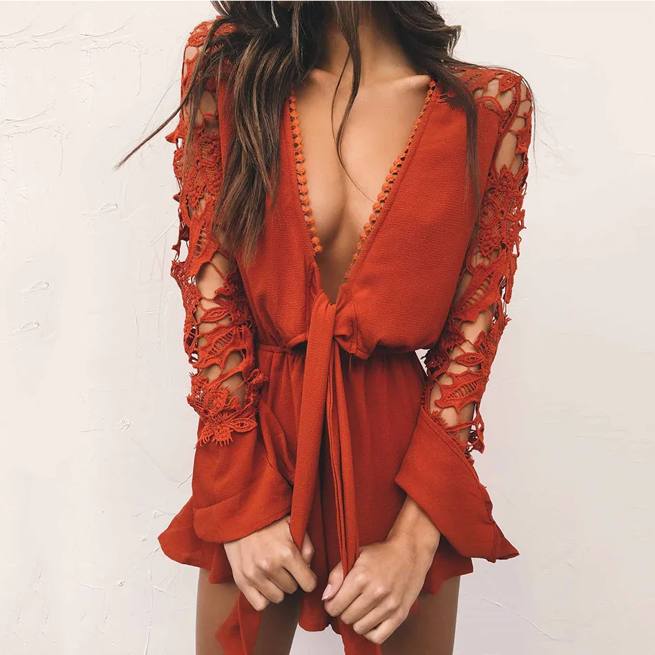 

2017 Women Playsuits Sunmer Sexy Elegant Lace Overall Long Sleeve Chiffon Tie up V-neck Rompers Women Jumpsuit Combinaison Femme