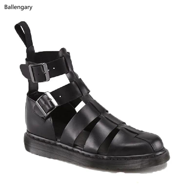 

Brand Designer Ballengary Men Motorcycle Boots Brown Black Real Leather Gladiator Sandals Boots Round Toe Buckles Men's Shoes