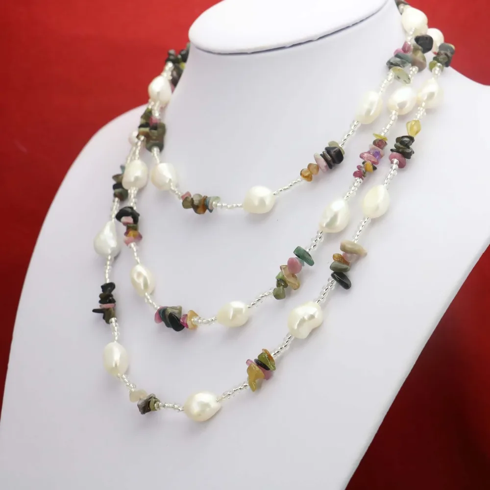 Buy 3row Long Fresh Water Pearl Beads Necklace Natural