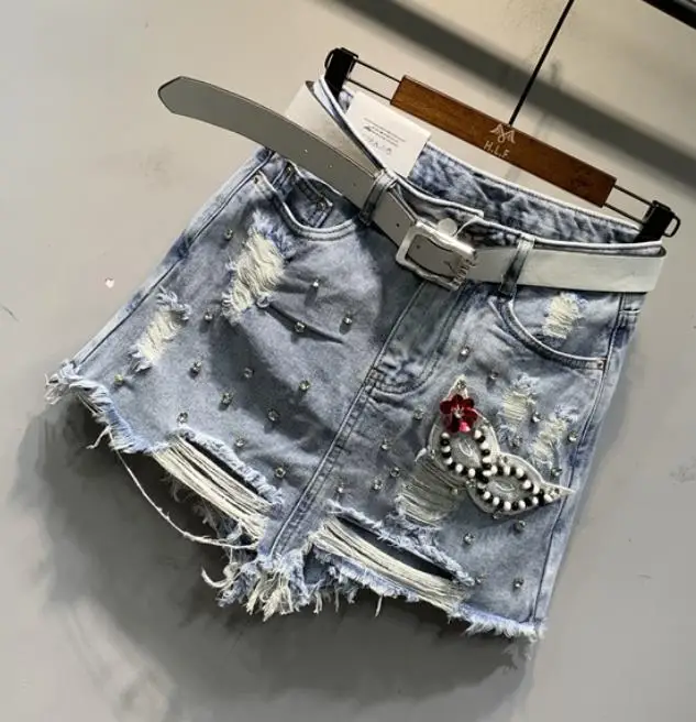 Дыра Бисероплетение джинсовая юбка блестки цветы женские летние новые Стразы А-силуэта анти-легкие джинсовая мини-юбка