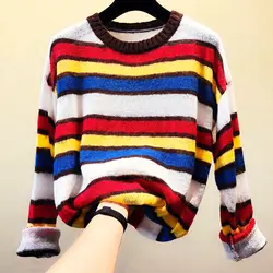 В радужную полоску О-образным вырезом свободные свитера женские пуловеры тонкие длинные рукава вязаные 3 цвета 2018 г. новое поступление