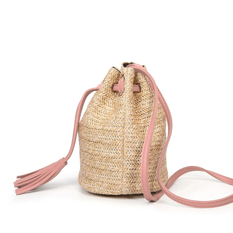 

ABDB-Summer Straw Bucket Bag Weave Purse Handbag Fringe Bohemian Bag Pouch pink