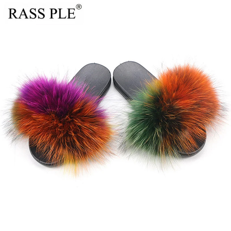 

RASS PLE 2018 Real Fox Fur Slippers Colorful Femal Ladies Slippers FurSlides Flip Flops Non-Slip Summer Shoes Women