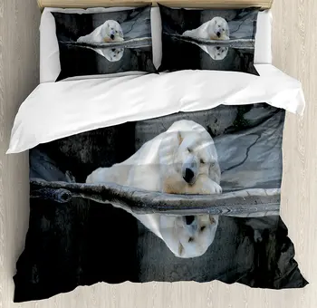 

Bear Duvet Cover Set Sleeping Cute Polar Bear at the Zoo with Water Reflection Peaceful Calm Nature Bedding Set Cream Grey Black